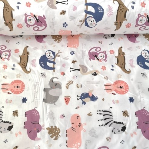 Tembel Hayvan Ve Hipopotam Poplin Kumaş Mavi