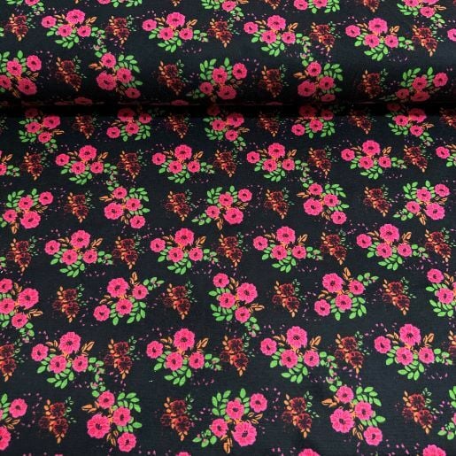 Rengarenk Çiçekli Divitin-Pazen Kumaş Fuşya