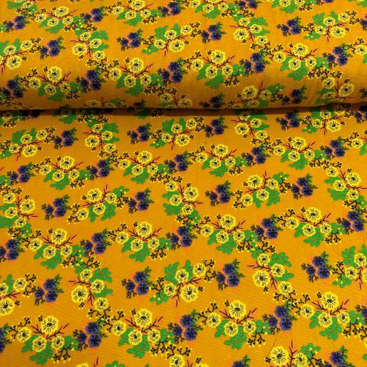 Rengarenk Çiçekli Divitin-Pazen Kumaş Hardal