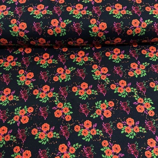 Rengarenk Çiçekli Divitin-Pazen Kumaş Siyah