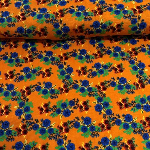Rengarenk Çiçekli Divitin-Pazen Kumaş Turuncu