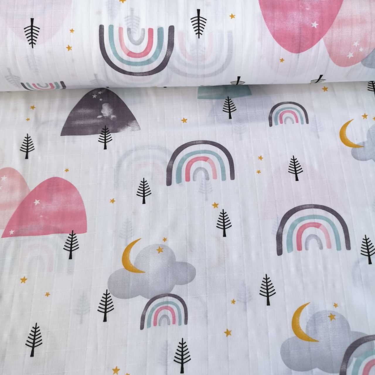 Büyük Gök Kuşağı Ve Ağaçlar Müslin Bezi Pembe