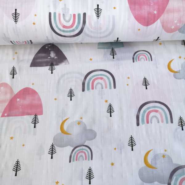 Büyük Gök Kuşağı Ve Ağaçlar Müslin Bezi Pembe