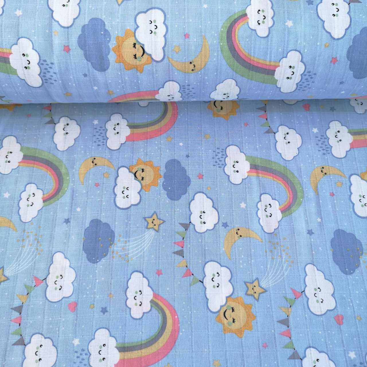 Gülen Bulut ve Gökkuşağı Müslin Bezi Mavi