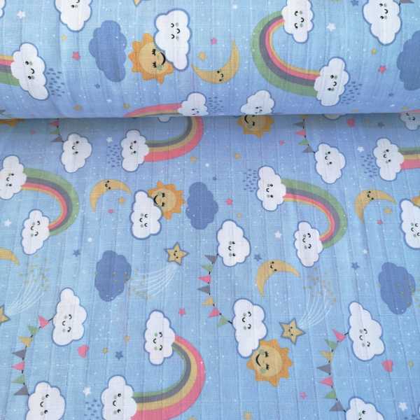 Gülen Bulut ve Gökkuşağı Müslin Bezi Mavi