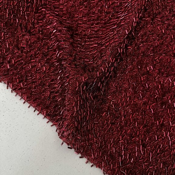 Boru Boncuk İşlemeli Dantel Kumaş Bordo