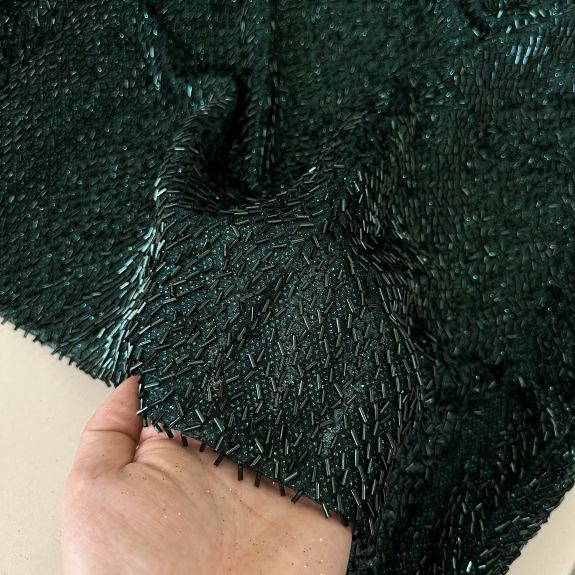 Boru Boncuk İşlemeli Dantel Kumaş Zümrüt Yeşili