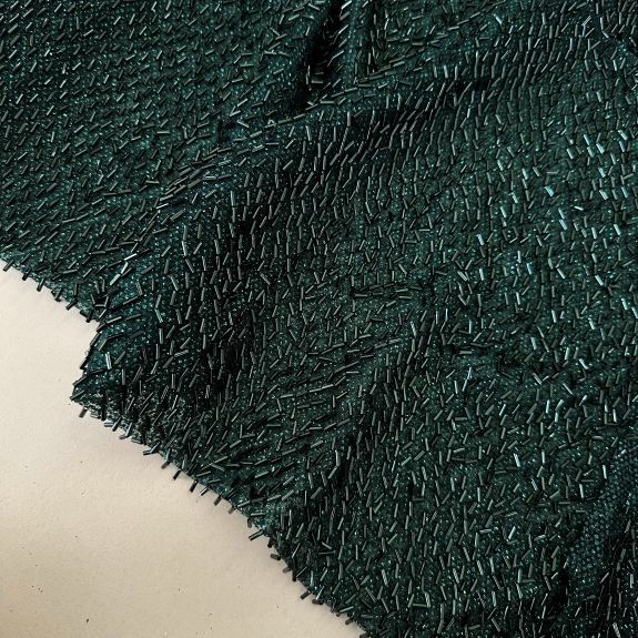 Boru Boncuk İşlemeli Dantel Kumaş Zümrüt Yeşili