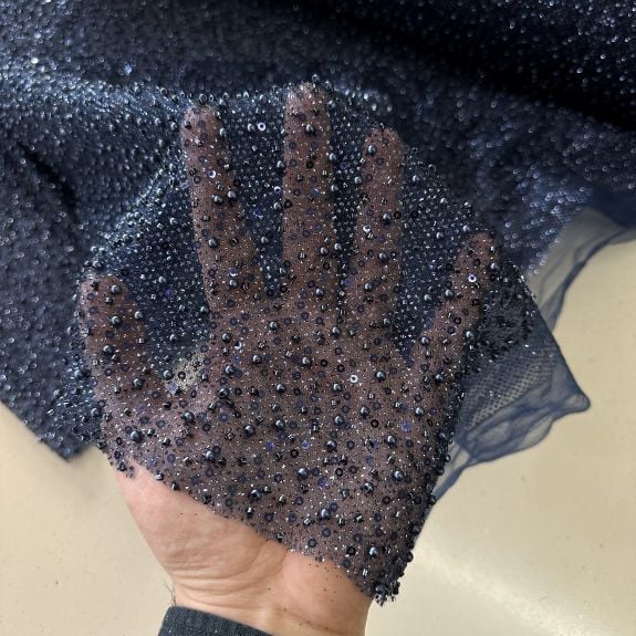 Işıltılı Boncuk Detaylı Dantel Kumaş Lacivert