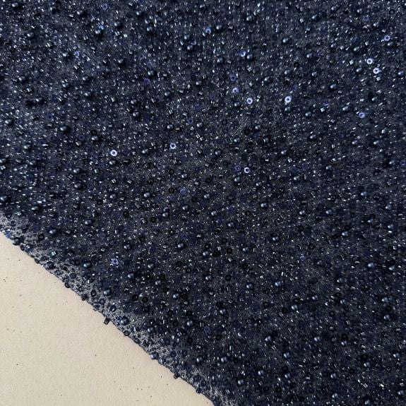 Işıltılı Boncuk Detaylı Dantel Kumaş Lacivert