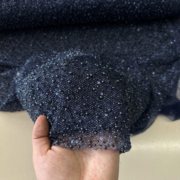 Işıltılı Boncuk Detaylı Dantel Kumaş Lacivert