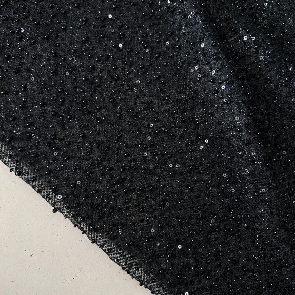Işıltılı Boncuk Detaylı Dantel Kumaş Siyah
