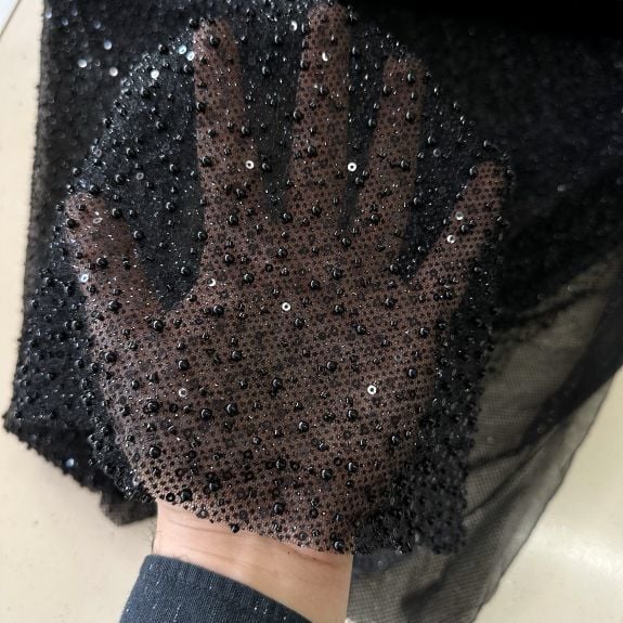 Işıltılı Boncuk Detaylı Dantel Kumaş Siyah