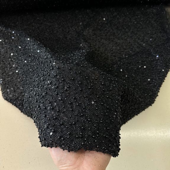 Işıltılı Boncuk Detaylı Dantel Kumaş Siyah