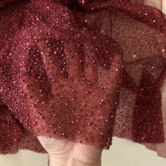 Işıltılı Boncuk Detaylı Dantel Kumaş Bordo
