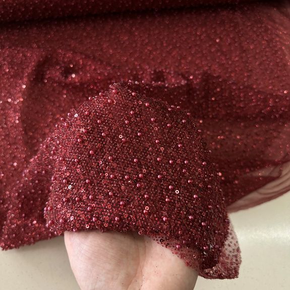 Işıltılı Boncuk Detaylı Dantel Kumaş Bordo