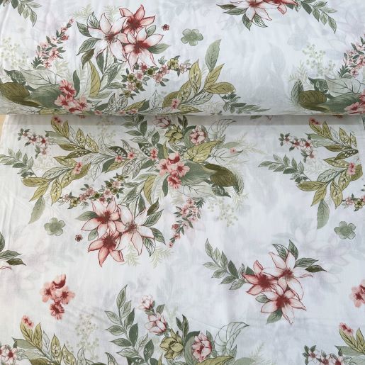 Buket Çiçekler Poplin Kumaş Yeşil