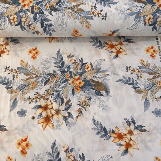 Buket Çiçekler Poplin Kumaş İndigo