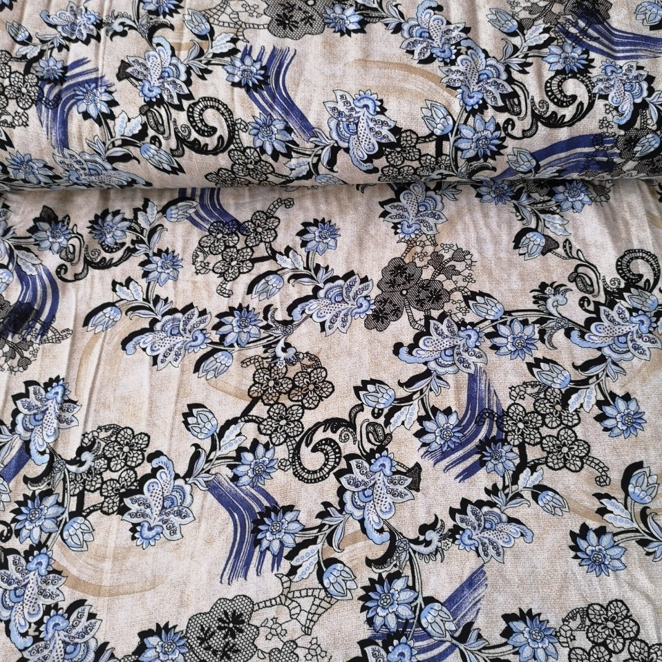 Krem Zemin Mavi Çiçekli Viskon Kumaş