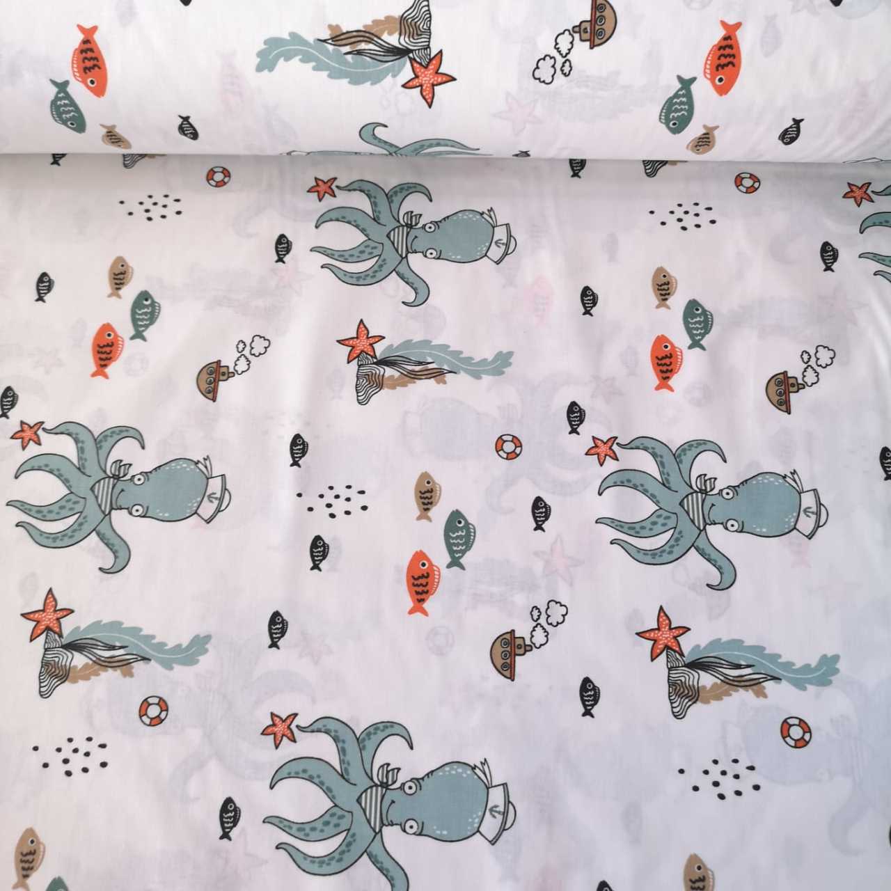 Ahtapot Ve Balıklar Poplin Kumaş