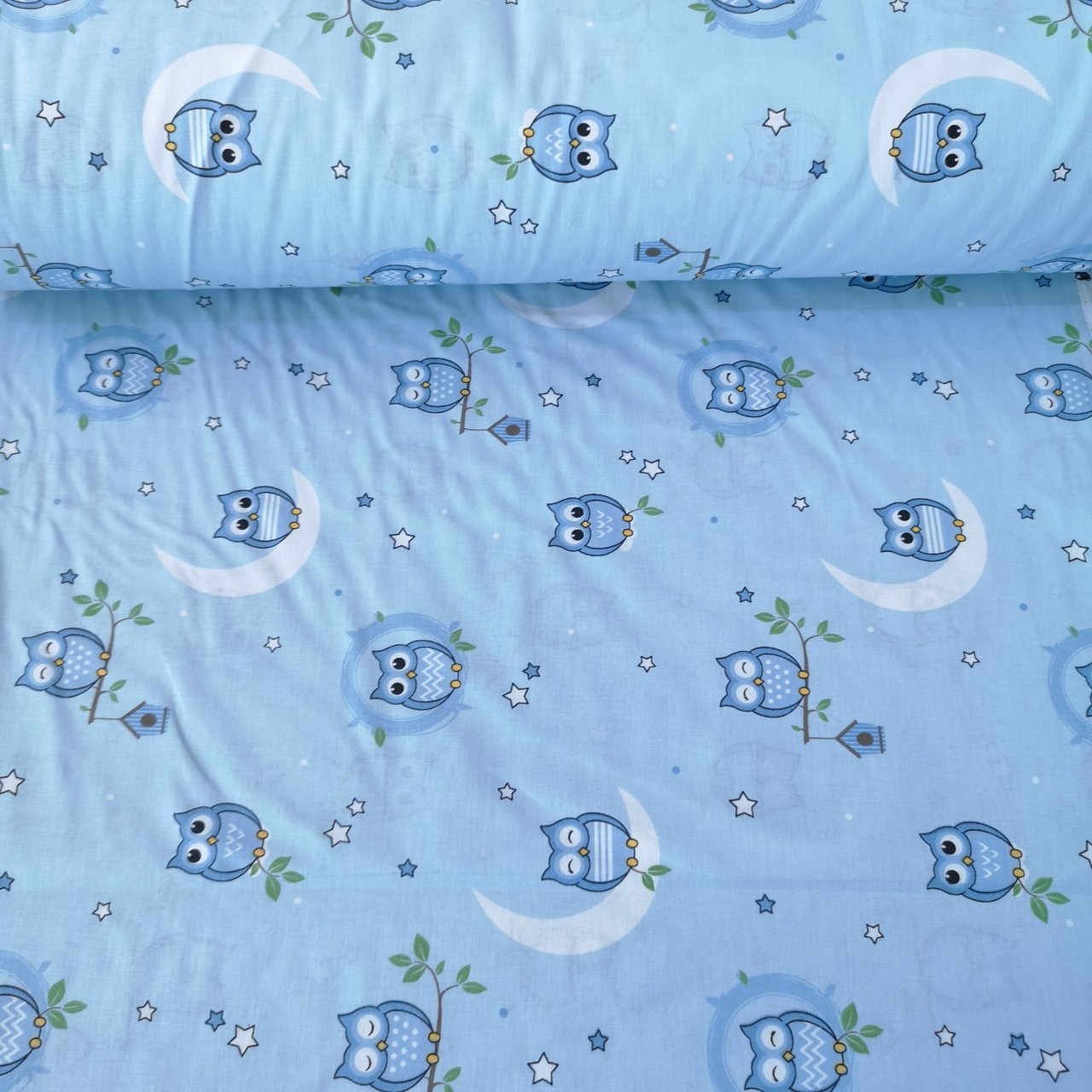 Minik Baykuşlar Poplin Kumaş Mavi