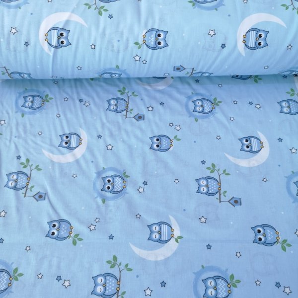 Minik Baykuşlar Poplin Kumaş Mavi