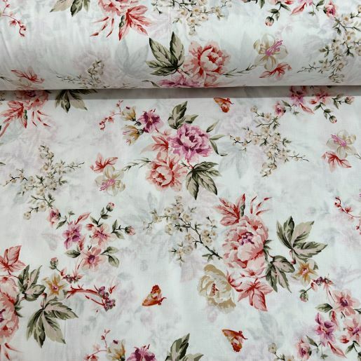 Çiçek Buketi Ve Kelebekler Poplin Kumaş Gül Kurusu