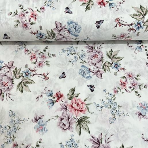 Çiçek Buketi Ve Kelebekler Poplin Kumaş Lila