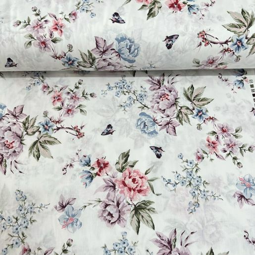 Çiçek Buketi Ve Kelebekler Poplin Kumaş Lila