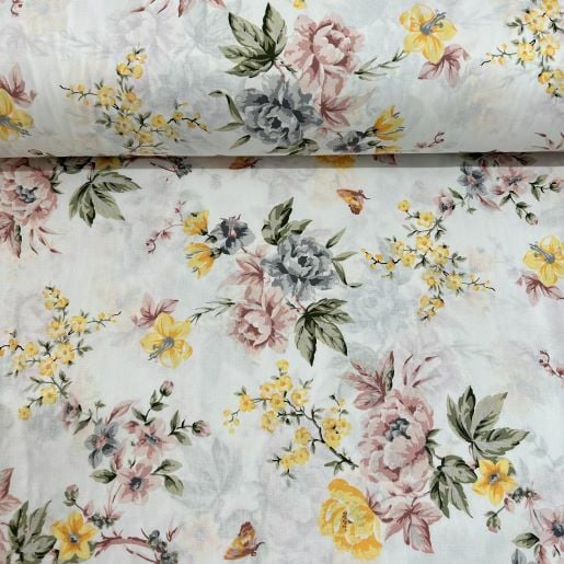 Çiçek Buketi Ve Kelebekler Poplin Kumaş Sarı