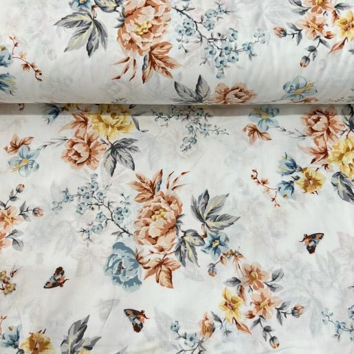 Çiçek Buketi Ve Kelebekler Poplin Kumaş Tarçın