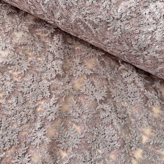 Sim Efektli Yaprak Desenli Fransız Dantel Pudra