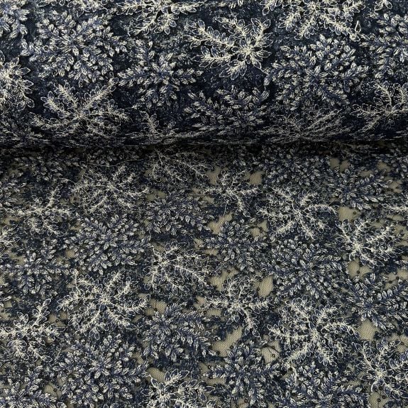 Sim Efektli Yaprak Desenli Fransız Dantel Lacivert