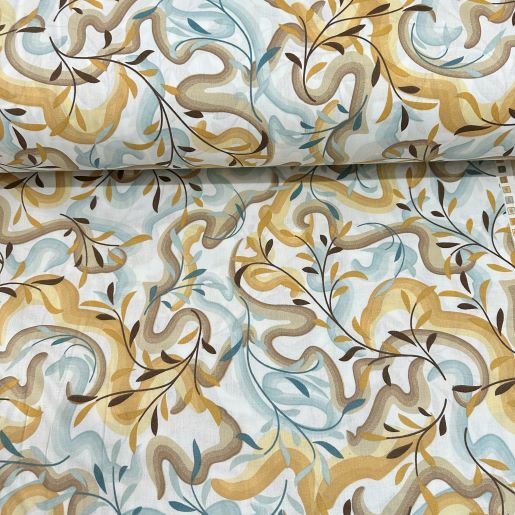 Ebruli Desen Poplin Kumaş Mavi