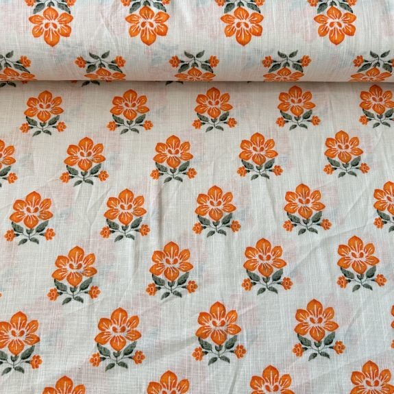 Somon Büyük Çiçekli Keten kumaş