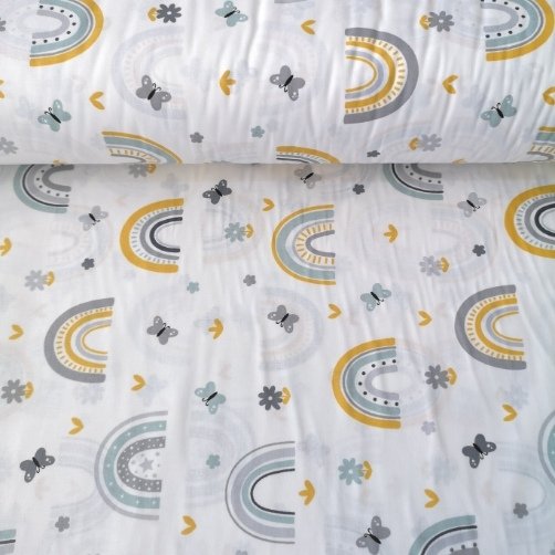 Minik Kelebek Ve Gökkuşağı Poplin Kumaş Gri