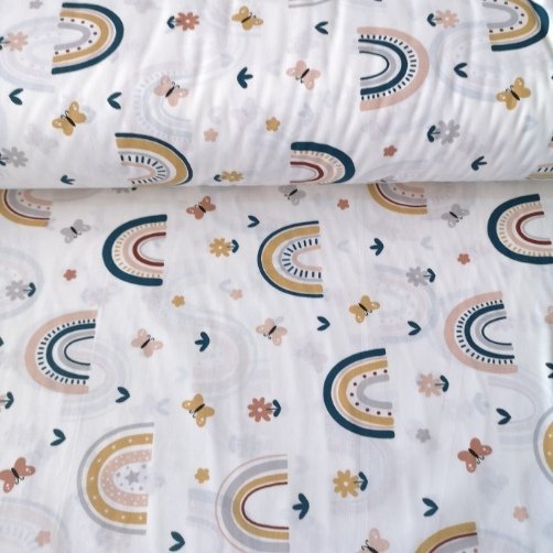 Minik Kelebek Ve Gökkuşağı Poplin Kumaş Hardal