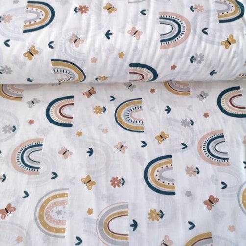 Minik Kelebek Ve Gökkuşağı Poplin Kumaş Hardal