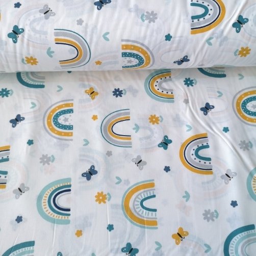 Minik Kelebek Ve Gökkuşağı Poplin Kumaş Mint