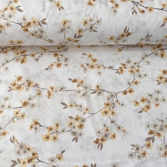 Sarı Daldaki Çiçekler Poplin Kumaş
