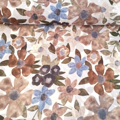 Büyük Pastel Çiçekler Desenli Şifon Kahverengi