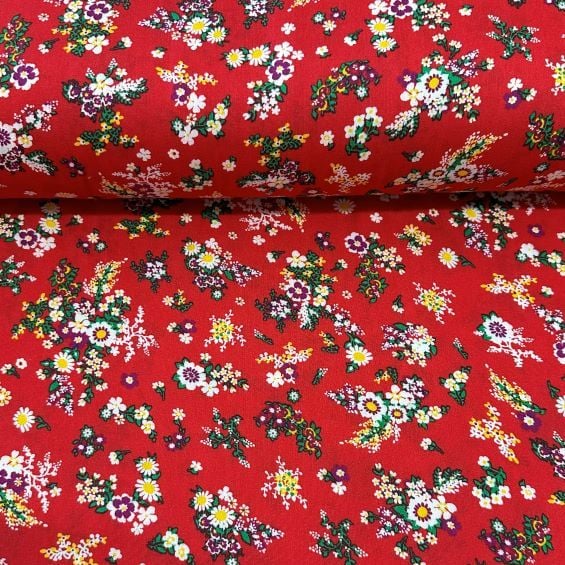 Papatya Dalları Viskon Kumaş Kırmızı