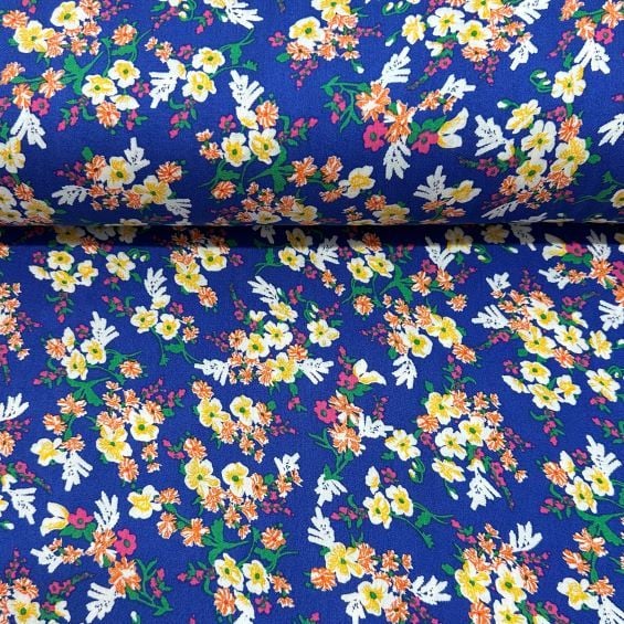 Renkli Papatyalar Viskon Kumaş Mavi