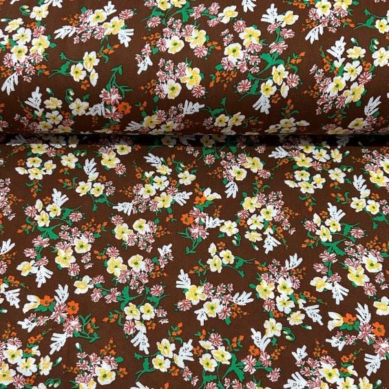 Renkli Papatyalar Viskon Kumaş Kahverengi