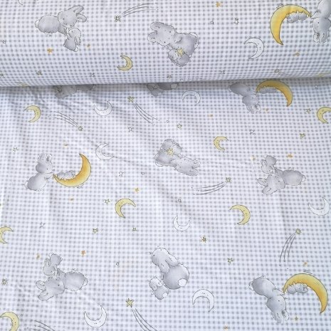 Uykucu Tavşanlar Poplin Kumaş Gri