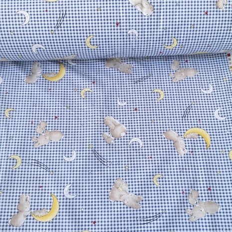Uykucu Tavşanlar Poplin Kumaş Mavi
