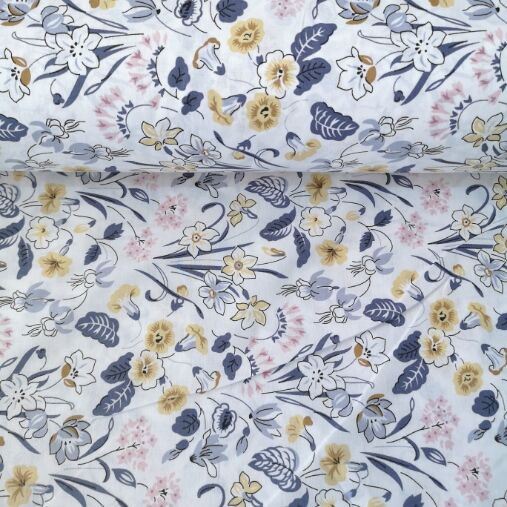 Karanfil Buketleri Poplin Kumaş İndigo