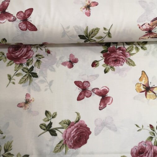 Kelebekler Ve Güller Polycotton Poplin Kumaş Krem