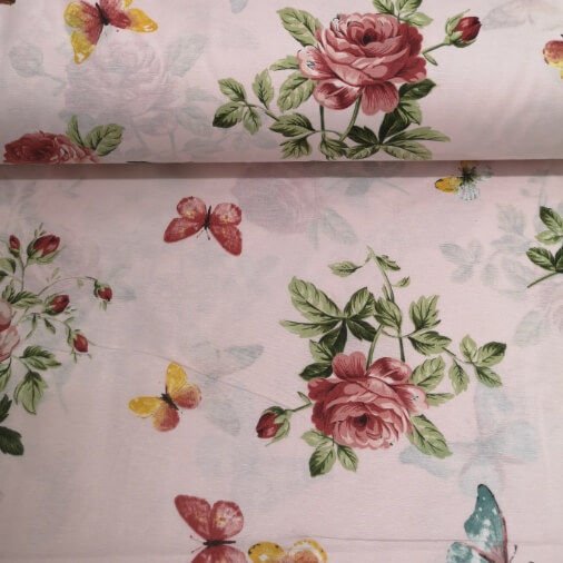 Kelebekler Ve Güller Polycotton Poplin Kumaş Pembe
