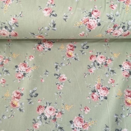 Pastel Çiçekler Poplin Kumaş Yeşil